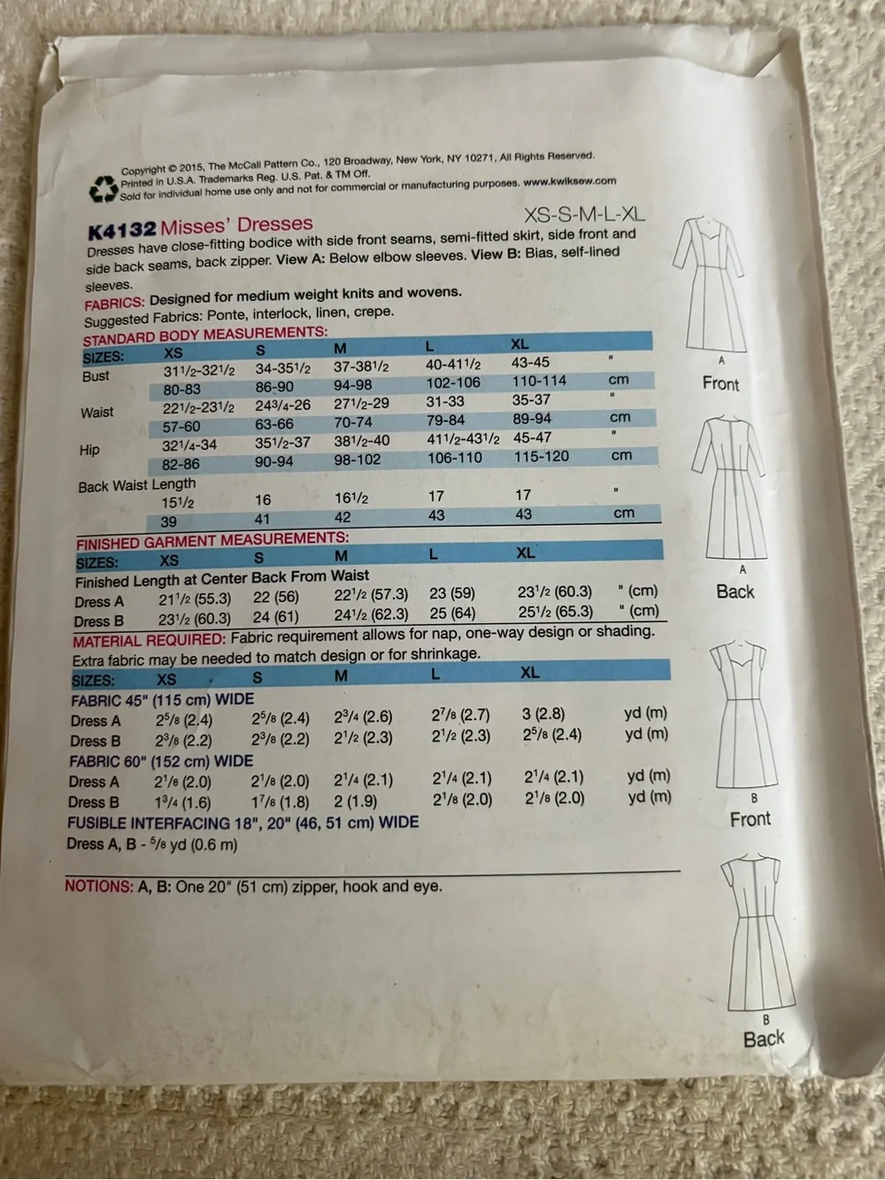 Kwik Sew Pattern K4132 for Misses’ Dresses
